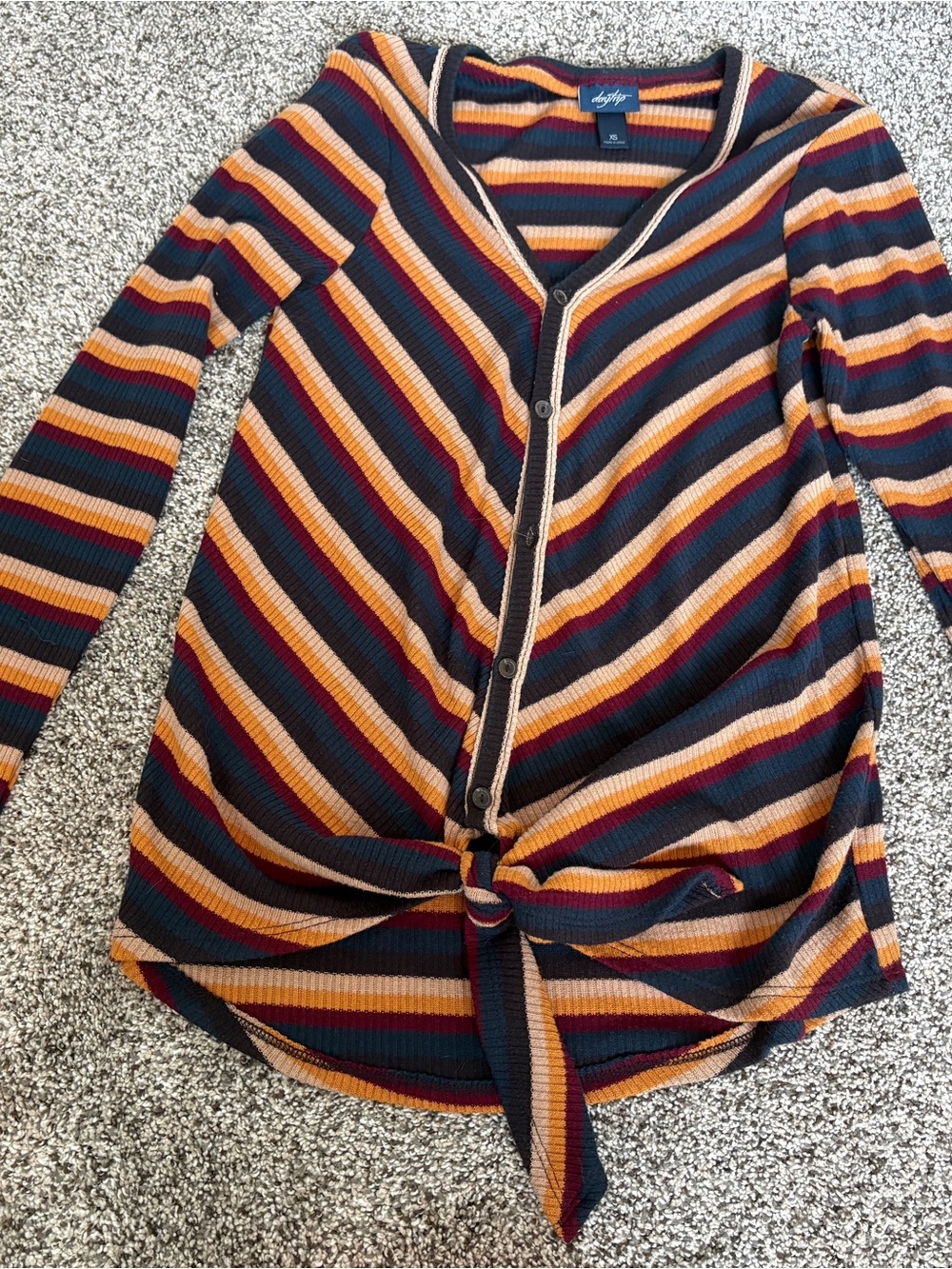 DayTrip Striped Tie-Front Long Sleeve Top - Navy, Mustard & Rust XS